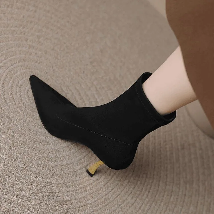 7.5cm 秋冬新款时装弹力靴2024年细跟瘦瘦靴短筒显瘦真皮高跟裸靴