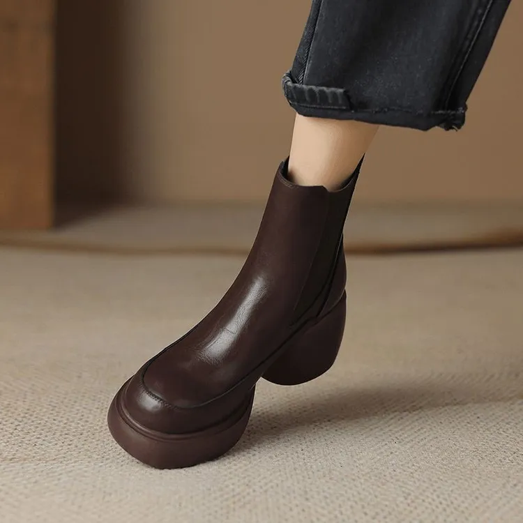 新款手工女鞋~厚底马丁靴女真皮圆头松糕短靴冬季高跟切尔西靴子