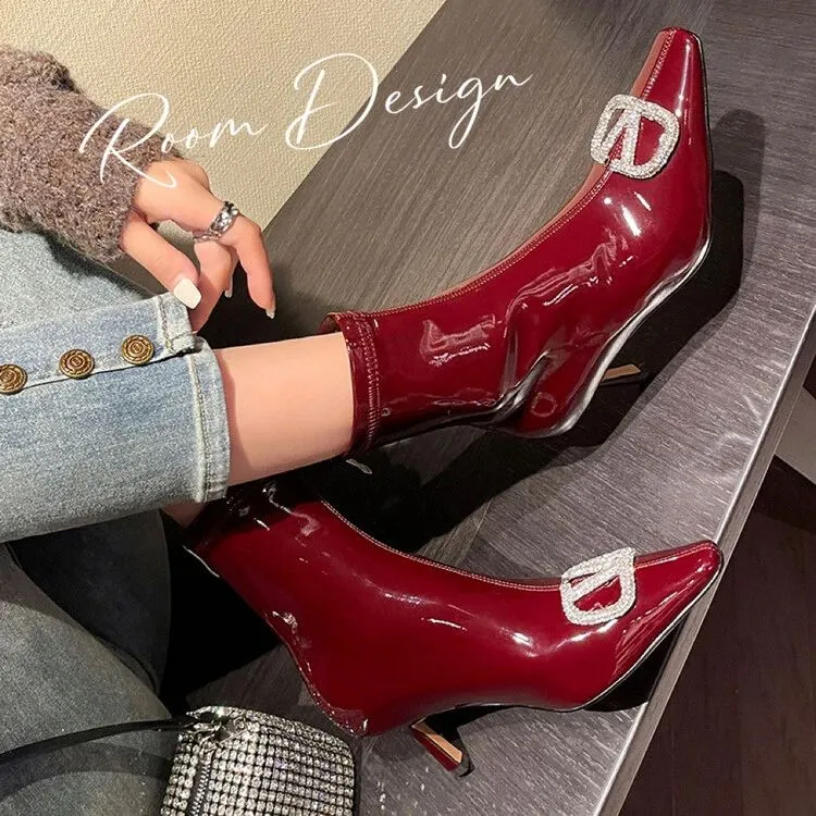 6.5厘米~时尚亮面小方头水钻装饰扣短靴车厘子红弹力高跟女靴