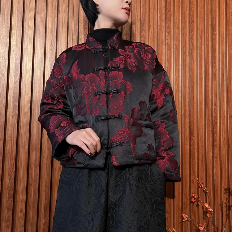 【红熹潮078红色】秋冬中国风中式时尚加厚提花短款保暖短款棉服