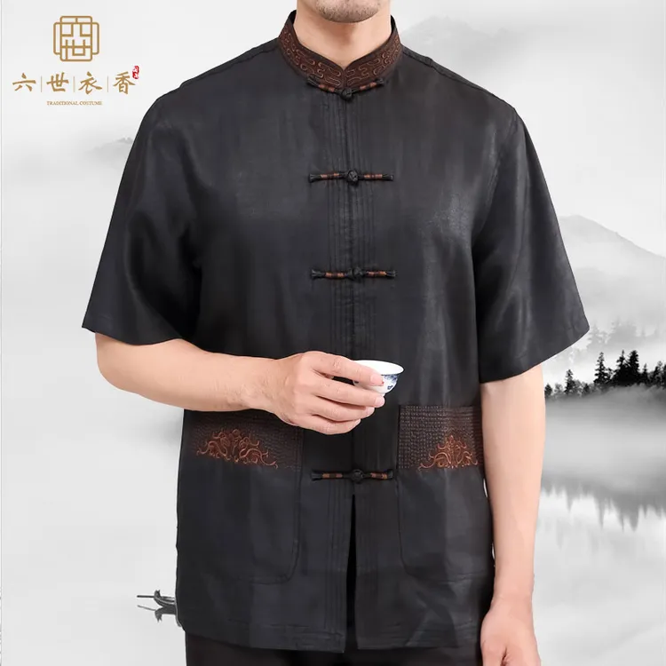 香云纱桑蚕丝唐装外套中国风衬衫男装夏季短袖中式休闲外衣薄款