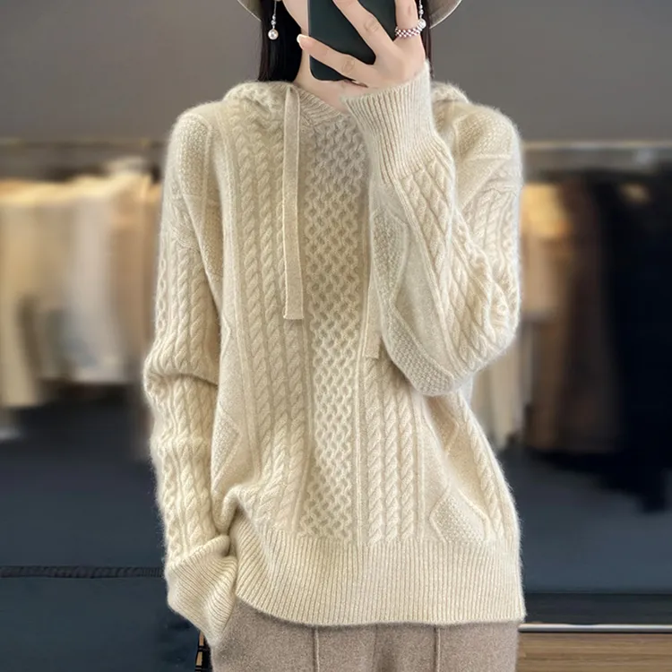 连帽加厚百搭羊绒衫女2025年秋冬纯色扭花帽衫针织宽松打底毛衣