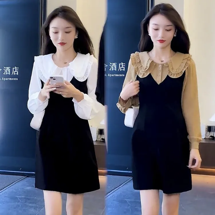2023年法式感连衣裙女长袖年秋季新款气质拼接假两件娃娃领裙子