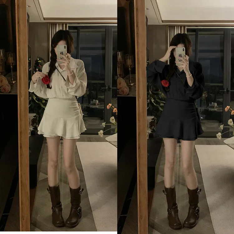 大码女装春日取向狙击假两件遮肉显瘦气质衬衣连衣裙