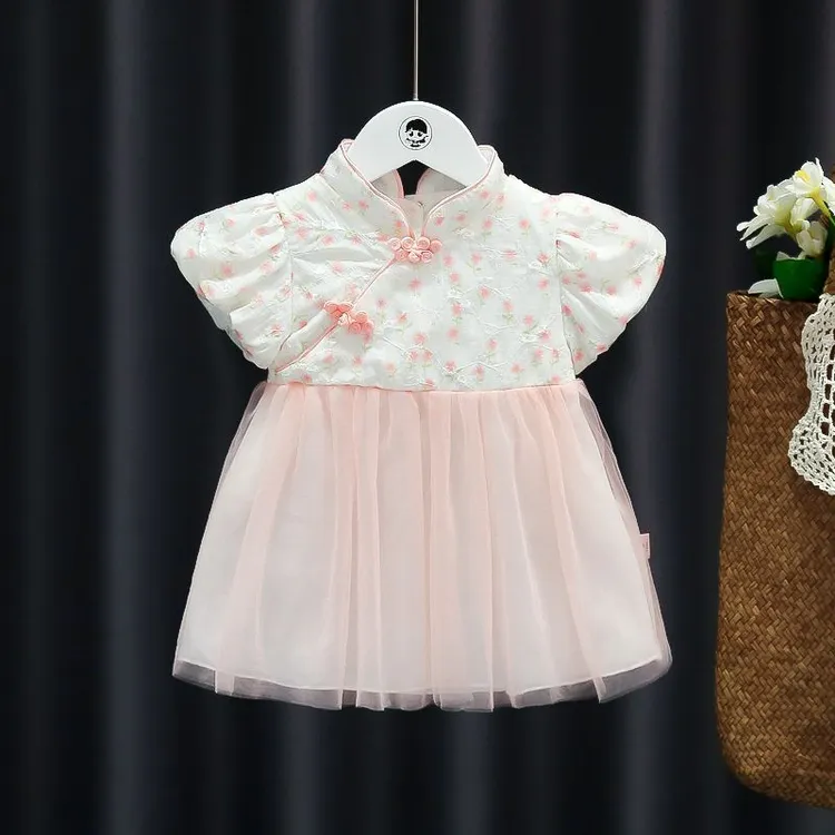 女童连衣裙2024新款夏季中国风刺绣网纱婴儿裙子小女孩薄款周岁服