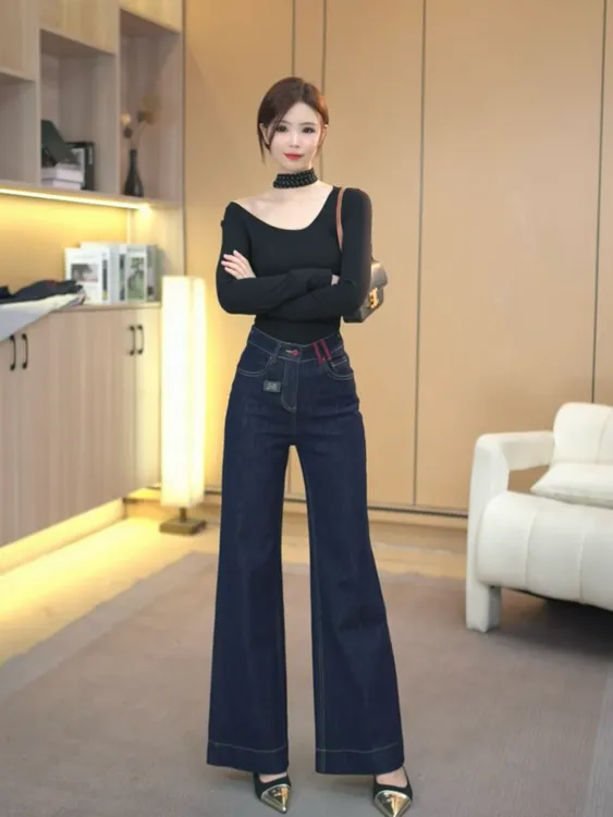 爆款加绒四面弹丹宁蓝筒喇裤新款拖地显瘦筒喇裤秋冬气质中高腰