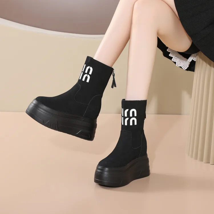 跟高12厘米时尚厚底短靴秋季百搭中筒靴黑色高帮鞋小个子瘦瘦靴冬