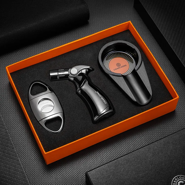 CIGARLOONG茄龙雪茄剪打火机烟灰缸三件套装雪茄烟具直冲打火机