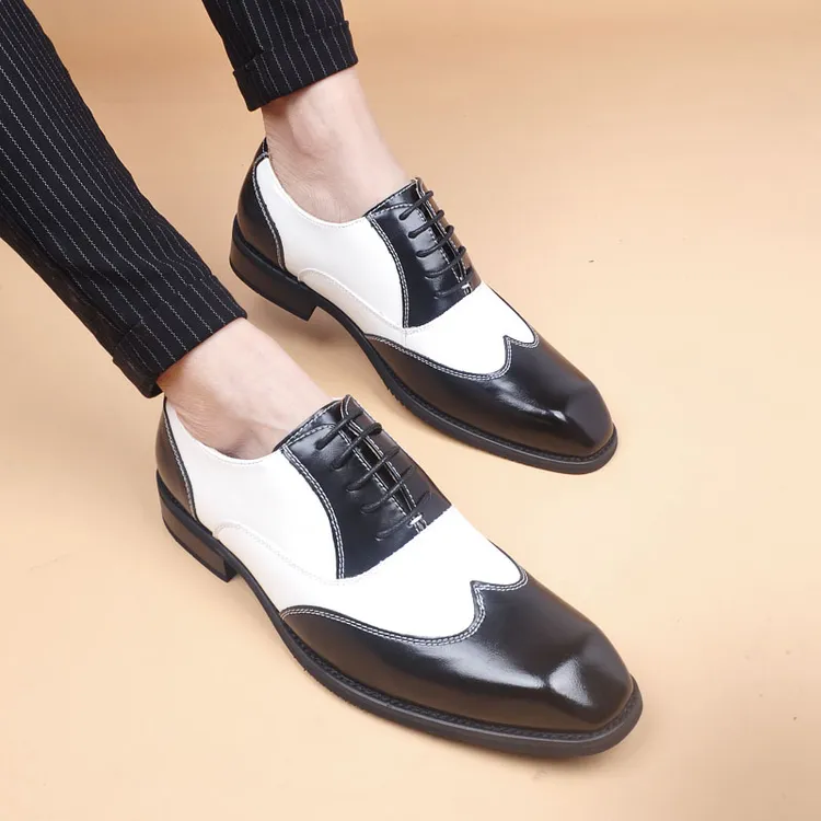 青年商务透气尖头系带男士真皮内增高皮鞋拼色潮流发型师英伦婚鞋