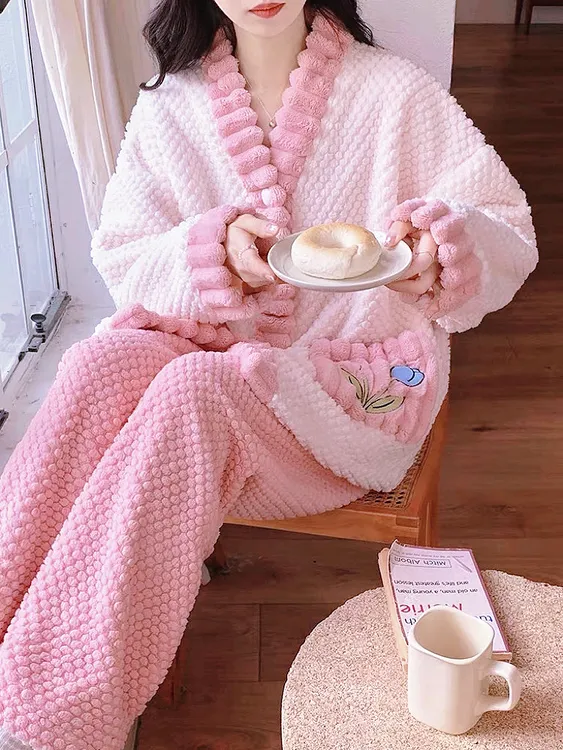 【XFL宠粉福利】2024新款秋冬珊瑚绒睡衣女加绒宽松保暖家居服套装
