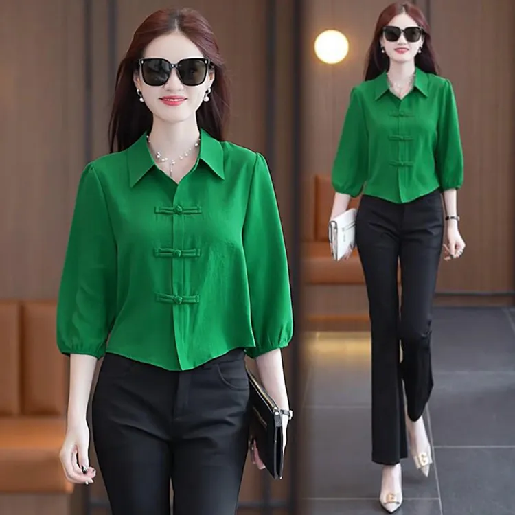 新中式国风衬衫女2025年夏季新款小个子洋气宽松显瘦七分袖衬衣潮