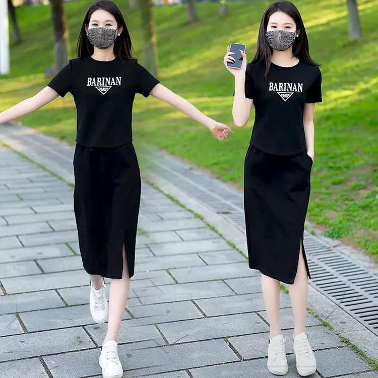 高含棉休闲套装裙女2024年夏季款时尚洋气百搭印花圆领短袖两件套
