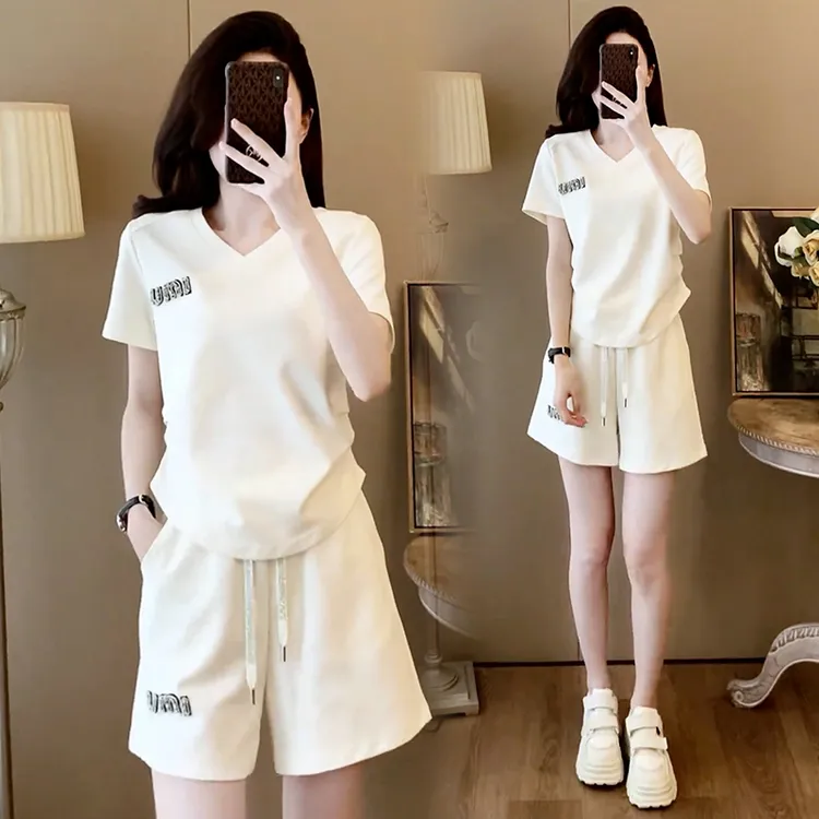 高含棉运动套装女2024年夏季新款简约纯色休闲上衣抽绳短裤套装潮