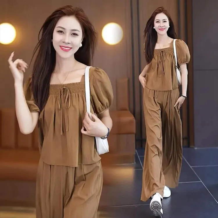 时尚休闲方领套装女2024年夏季新款宽松显瘦减龄洋气直筒裤两件套