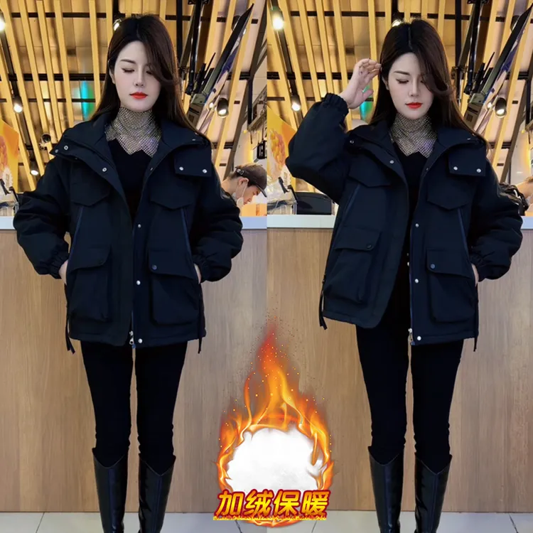 韩版纯色加厚连帽冲锋衣女2025冬季新款休闲宽松工装棉服短款外套