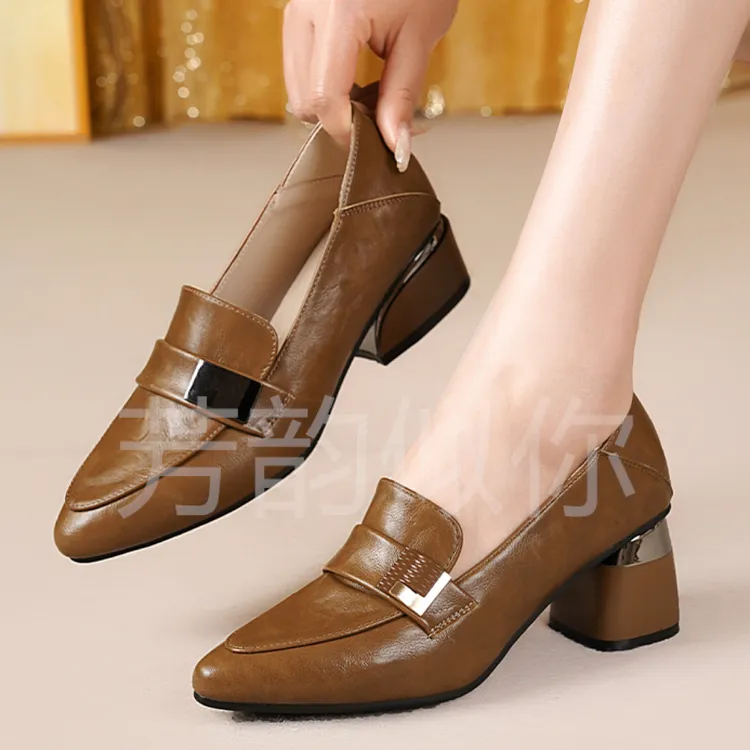 芳韵2025百搭粗跟中跟舒适女鞋单鞋乐福鞋春季尖头女鞋