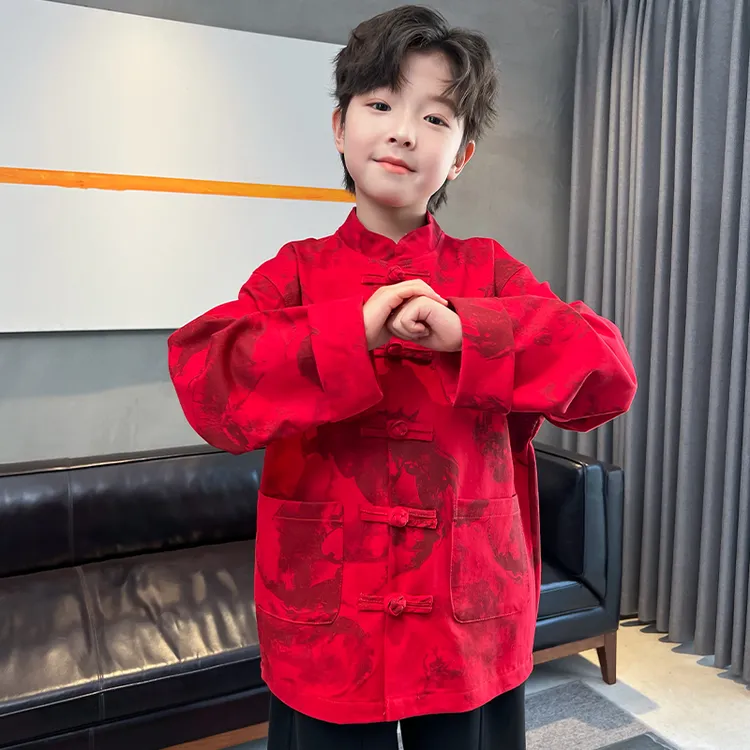 儿童装男童秋装新中式汉服外套2025新款大童男孩秋季红色喜庆古装