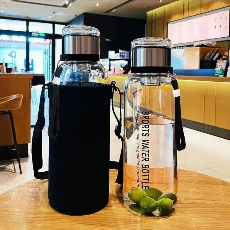 1L大容量墩墩玻璃茶水分离杯背带式泡茶杯子男女同款水壶送杯套