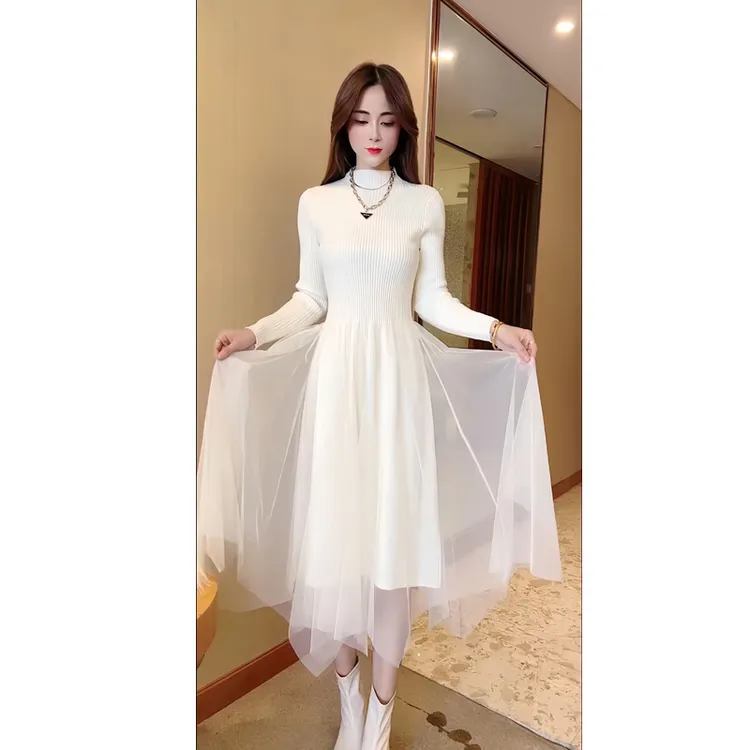 名媛风气质洋气不规则网纱拼接针织衫连衣裙女白色长款打底裙潮