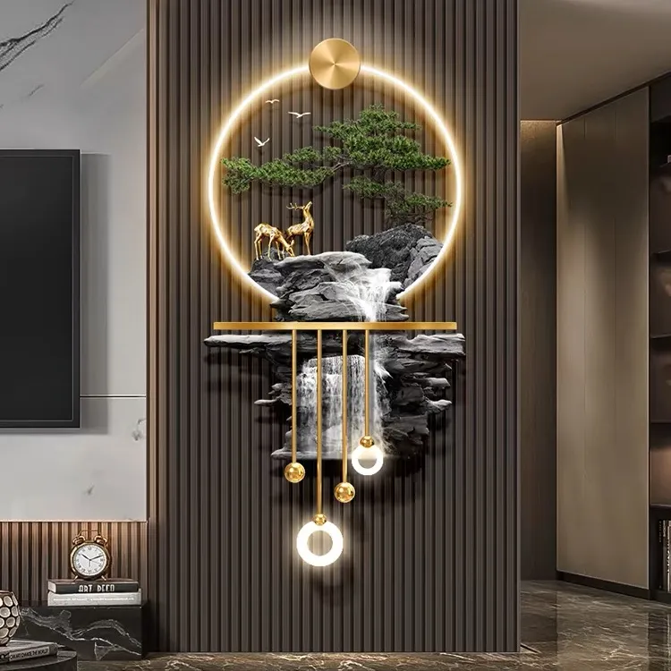 《流水生财》客厅格栅装饰挂件迎客松玄关挂画电视背景墙壁氛围灯画