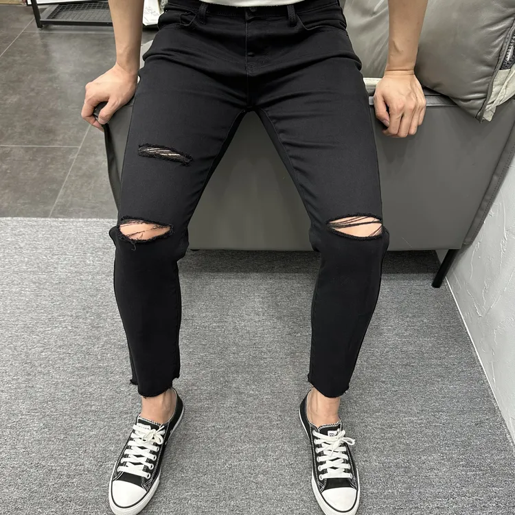 潮流时尚百搭刀割破洞黑色九分紧身弹力牛仔裤男韩版修身小脚休闲