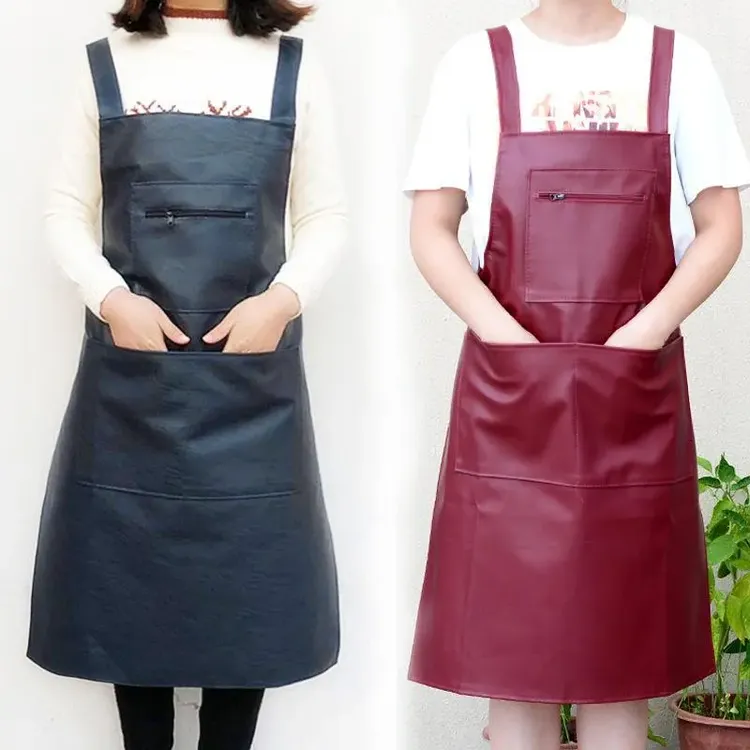 加厚皮革防水围裙厨房软皮工作服皮革围兜女上班水产专用皮围腰-