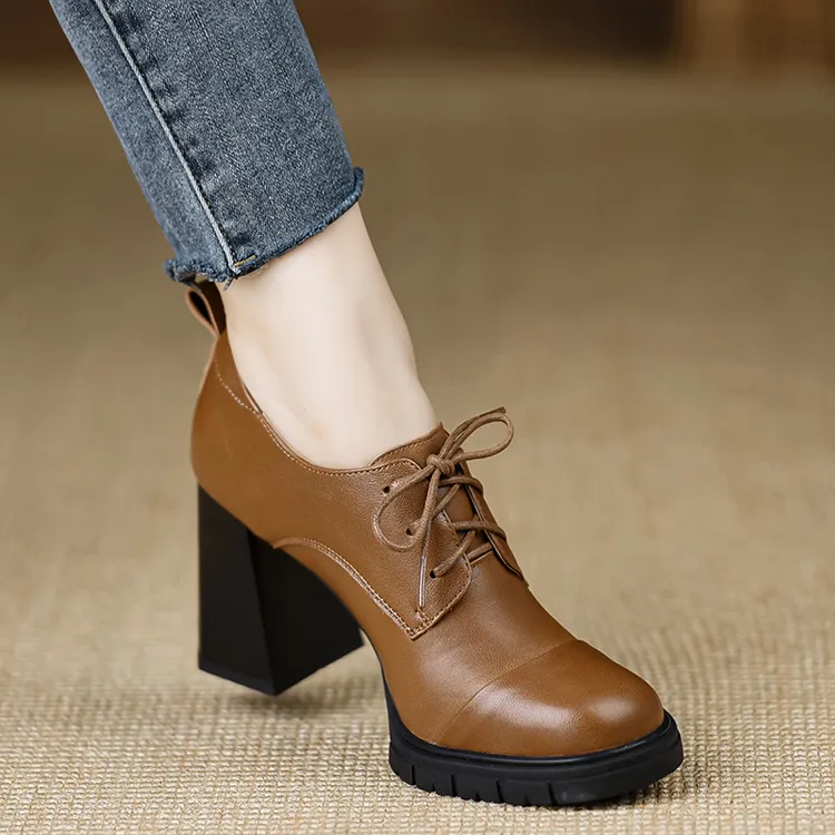 小个子手工女鞋8.4cm~春季新款羊皮舒适粗跟单鞋系带深口纯色棕色