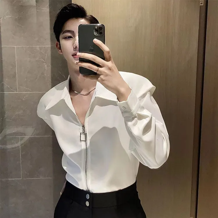 高级感衬衫男痞帅炸街上衣设计感小众拉链开衫长袖轻奢休闲衬衣潮