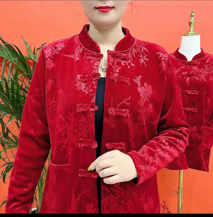 秋冬旗袍领长袖新款加绒复古金丝绒民族修身中老年妈妈显瘦上衣