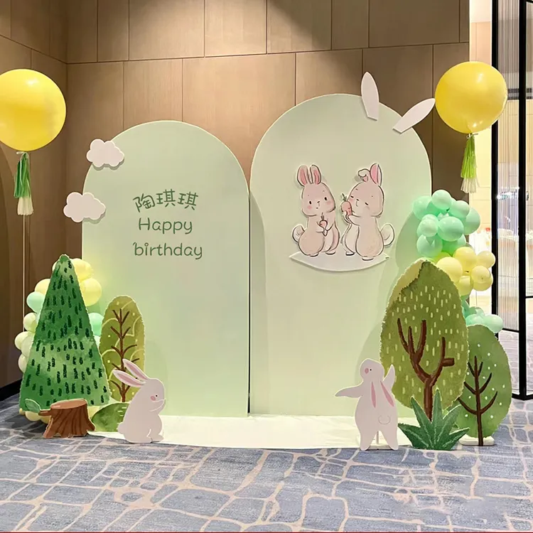 兔宝宝一周岁生日装饰百日宴布置背景墙酒店场景kt板定制韩系派对