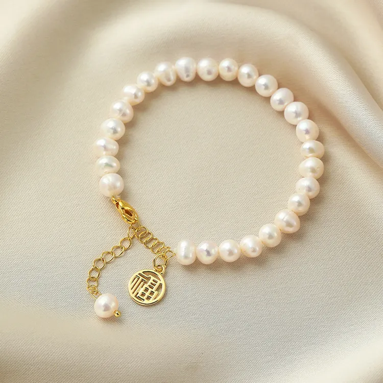 铜合金手链 【齐姐专享】福字珍珠手链大气时尚个性手饰 S1202