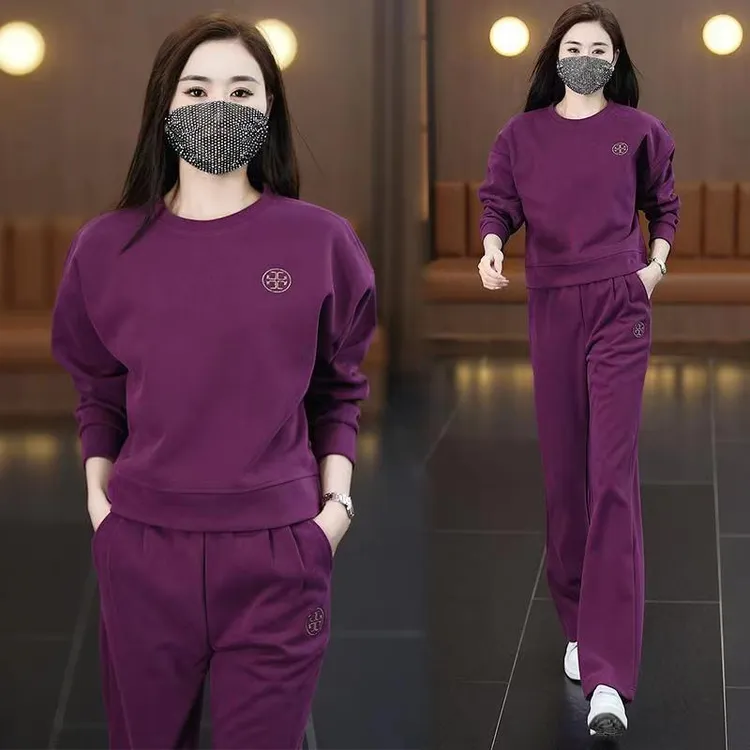 纯棉休闲风运动套装女2025春秋新款韩版圆领宽松卫衣风时尚两件套