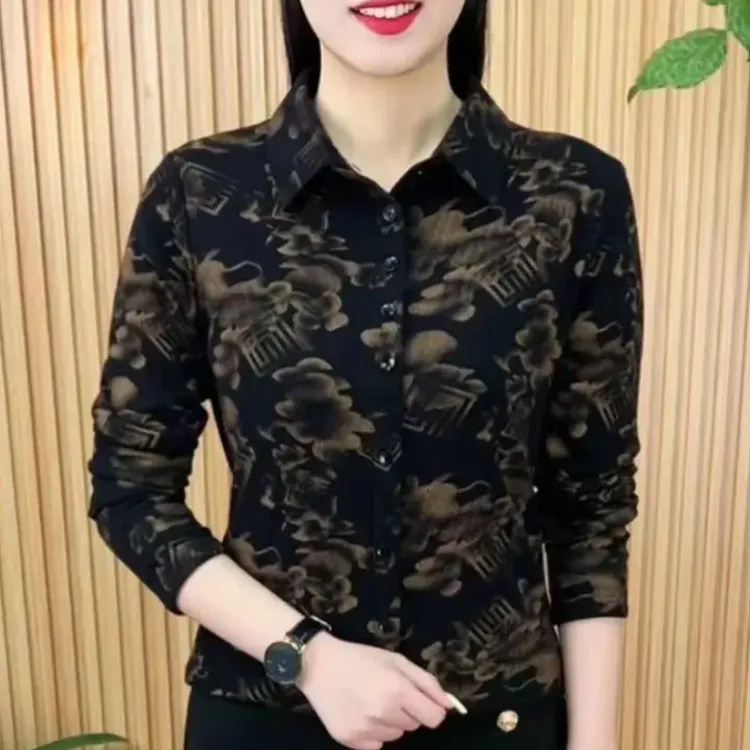 2024早秋新款女士时尚洋气翻领衬衫减龄百搭印花长袖遮肉显瘦上衣