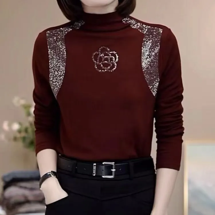2024秋冬季新款半高领烫钻玫瑰花设计感气质百搭修身显瘦女士小衫