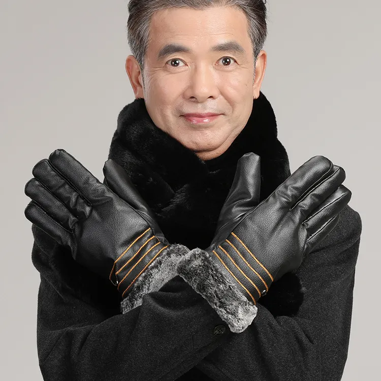 老人手套男冬天爸爸爷爷老年人皮质骑车手套中老年人加绒加厚保暖