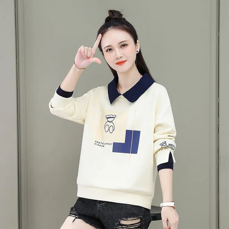 拼接假两件Polo衫翻领卫衣女装2023年春秋季新款宽松洋气上衣t恤