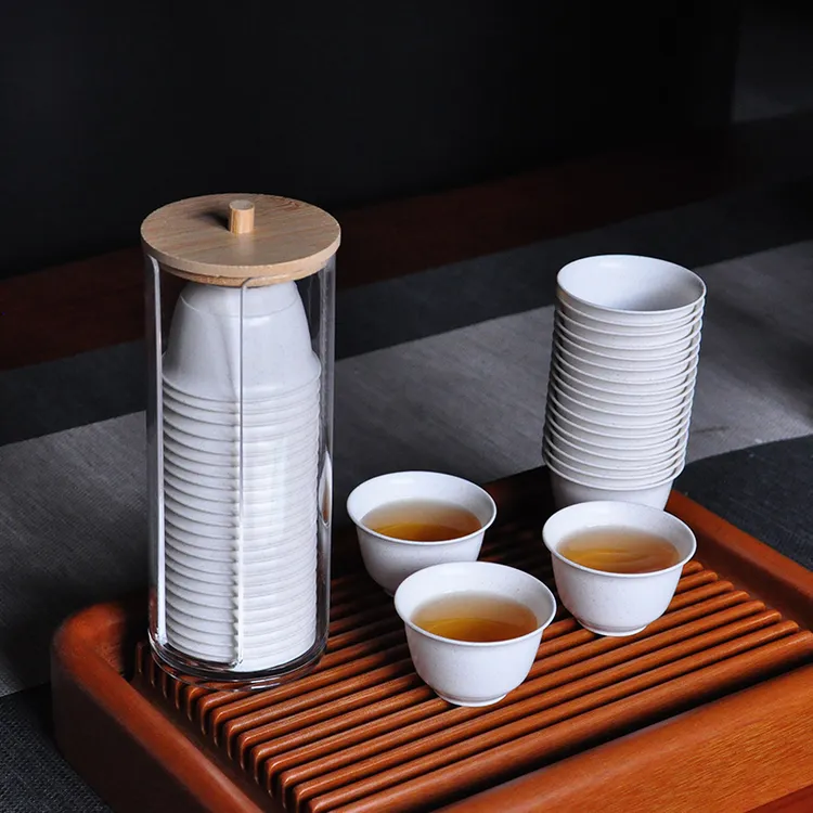 一次性稻壳茶杯加厚耐高温家用商用带收纳杯架户外茶具会客水杯子