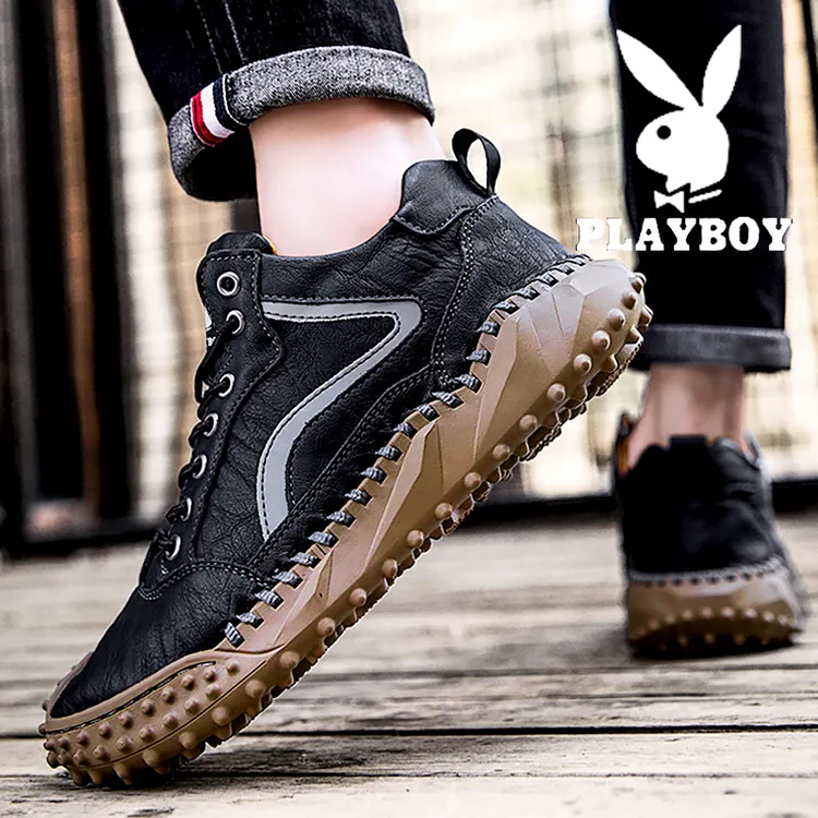 PLAYBOY皮鞋男款秋季软底防滑耐磨真皮男鞋干活工作高帮劳保潮鞋