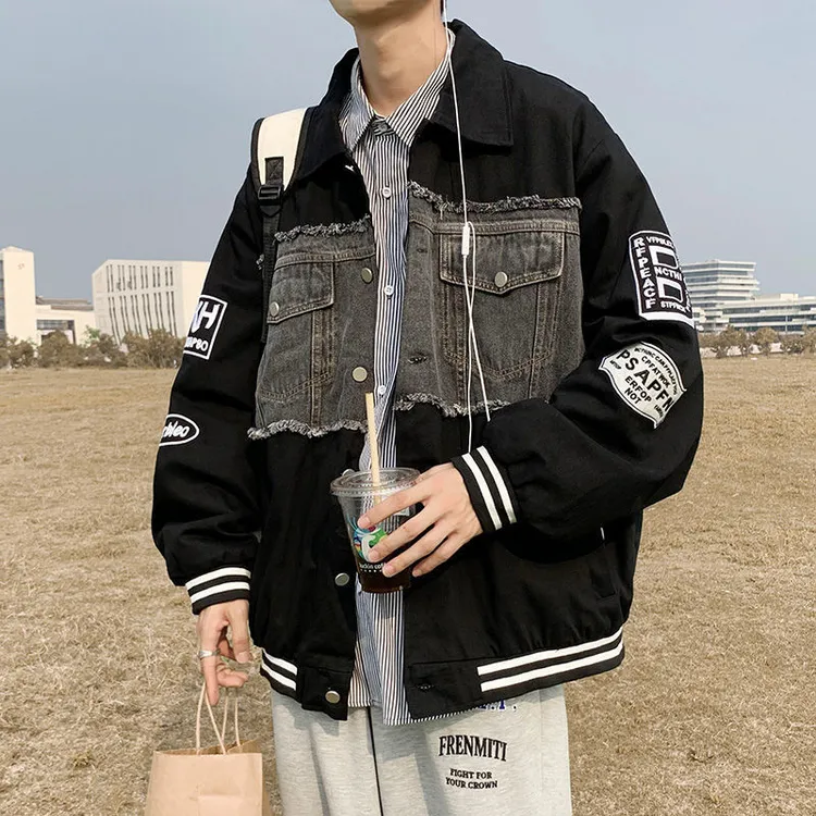 拼接复古牛仔外套男秋季外穿百搭韩版潮流ins宽松港风痞帅夹克男