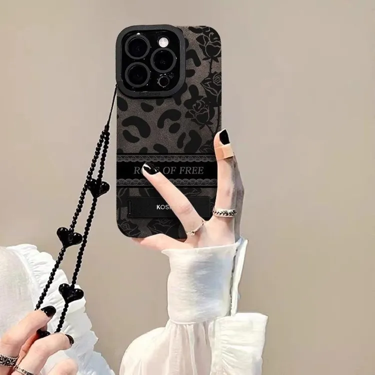 豹纹玫瑰支架手链适用苹果13PRO手机壳14/15翻毛皮12精孔防摔11女