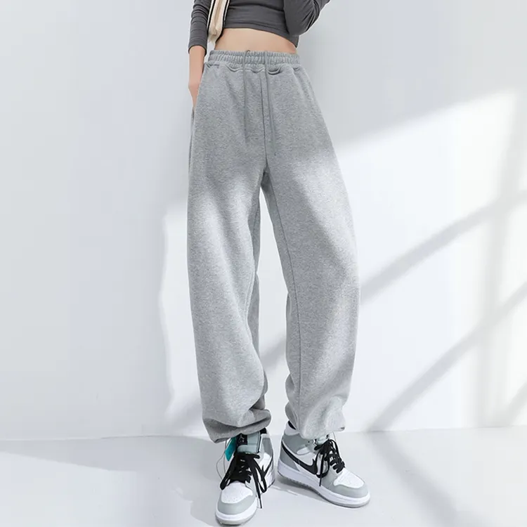 胖MM高街灰色运动裤女宽松束脚春秋加绒加厚直筒阔腿大码休闲裤女