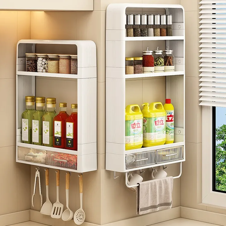 厨房置物架多功能调味罐收纳盒调料品油盐酱醋收纳架壁挂式免打孔