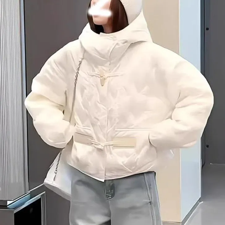 2024秋冬新款韩版立领连帽棉服女高端牛角扣设计感宽松气质外套女