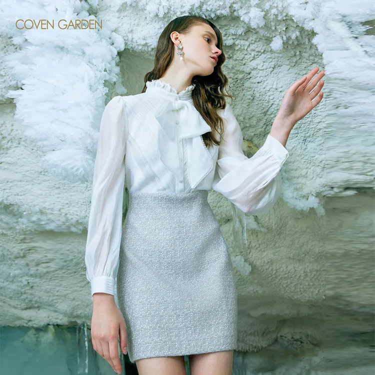 哥文花园 灯笼袖法式衬衫毛呢连衣裙 CTA4081360