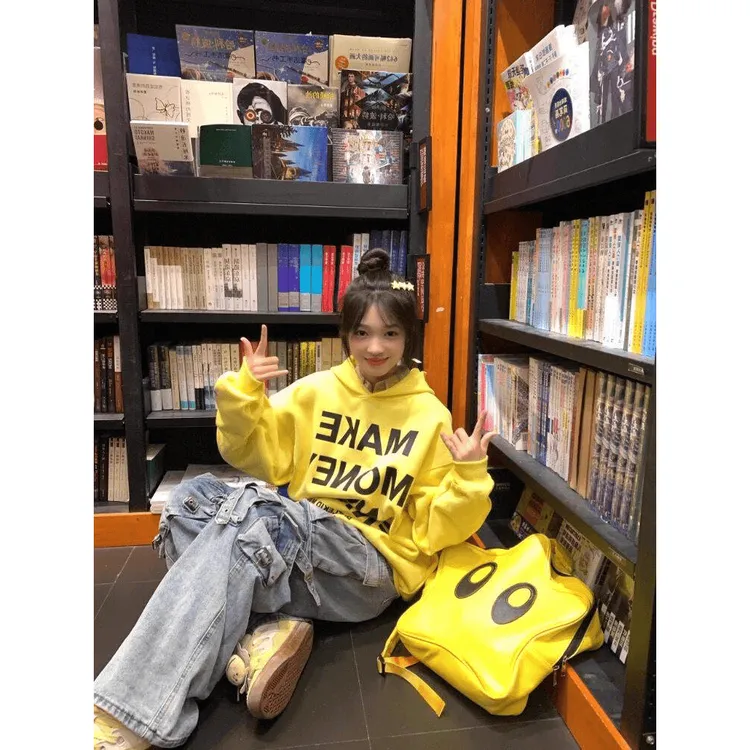 美式高街黄色连帽卫衣女秋冬宽松国潮高街oversize学生情侣上衣