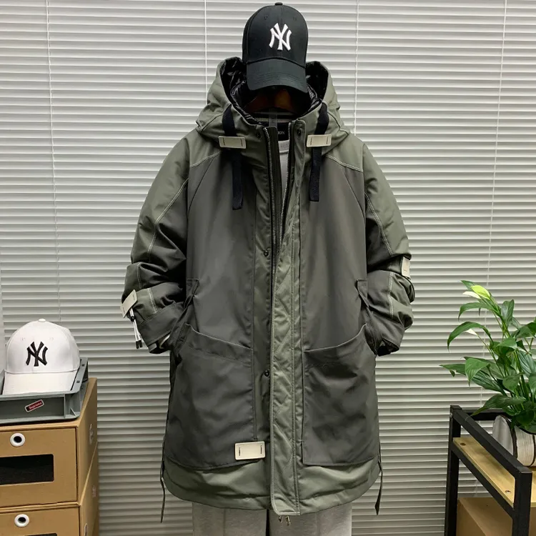 冬季新款工装潮牌加绒加厚保暖中长版羽绒服外套男休闲宽松派克服