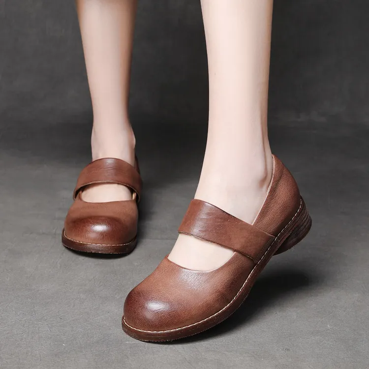 马皮单鞋女2024秋季新款真皮浅口复古玛丽珍鞋低跟软底休闲女鞋子
