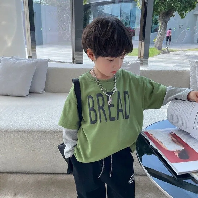 儿童t恤长袖男孩宝宝童装2025新款春秋款儿童假两件上衣洋气薄款