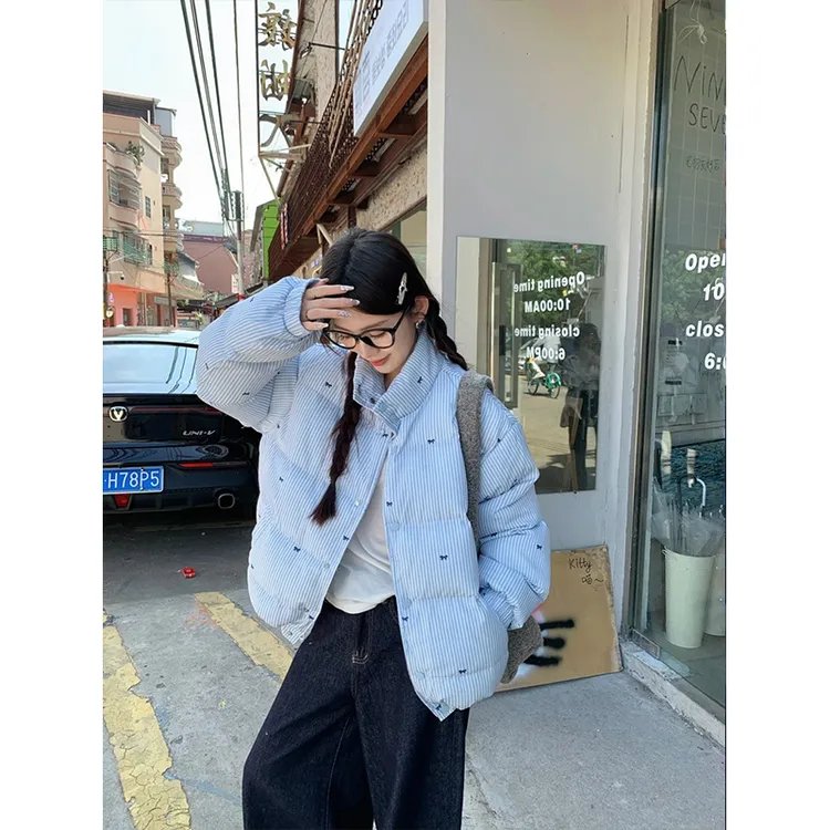 蓝色条纹蝴蝶结立领棉服外套女冬季设计感加厚冬季保暖棉衣面包服