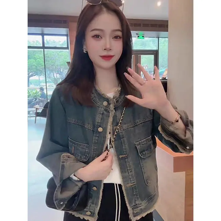 做旧复古流苏圆领牛仔外套女秋季新款短款高级感时尚独特洋气上衣